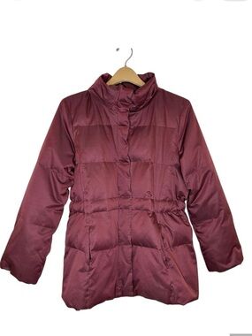 J. Jill Down Puffer Parka Women’s MEDIUM Quilted Coat Adjustable Waist Burgundy